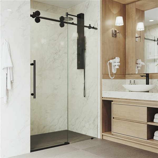 VIGO Elan&nbsp;52 to 56-in W x&nbsp;74-in H Frameless Matte Black Sliding Shower Door with Clear Glass and Handle