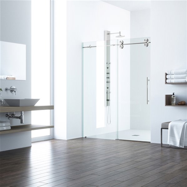 Porte de douche Elan de VIGO sans cadre et coulissante, 74 po x 48 à 52 po, acier inoxydable (verre clair)