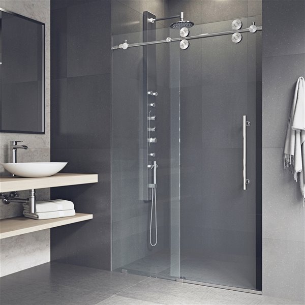 Porte de douche Elan de VIGO sans cadre et coulissante, 74 po x 48 à 52 po, acier inoxydable (verre clair)