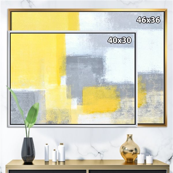 Designart Grey and Yellow Blue Abstract XXI 30-in x 40-in Canvas Wall Panel with Black Wood Frame