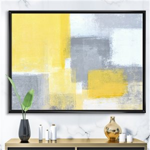 Designart Grey and Yellow Blue Abstract XXI 30-in x 40-in Canvas Wall Panel with Black Wood Frame