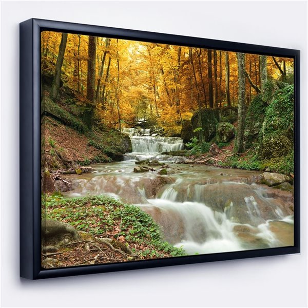 Designart 30-in x 40-in Forest Waterfall with Yellow Trees with Black Wood Framed Canvas Wall Panel
