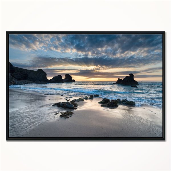 Designart 16-in x 32-in Beautiful Porthcothan Bay with Black Wood Framed Canvas Wall Panel