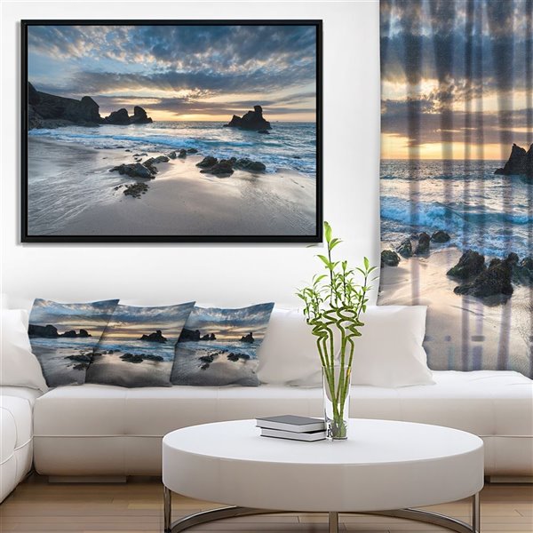 Designart 16-in x 32-in Beautiful Porthcothan Bay with Black Wood Framed Canvas Wall Panel