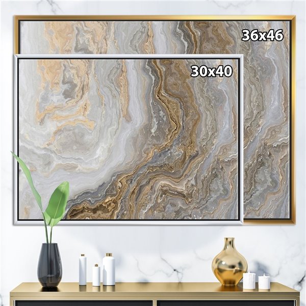 Designart Black Wood Framed 30-in x 40-in White Marble with Curley Grey and Gold Veins Canvas Wall Panel