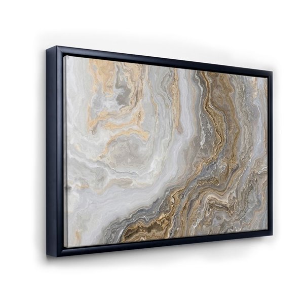 Designart Black Wood Framed 12-in x 20-in White Marble with Curley Grey and Gold Veins Canvas Wall Panel