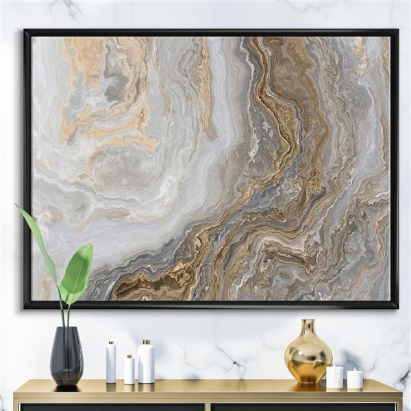 Designart Black Wood Framed 12-in x 20-in White Marble with Curley Grey and Gold Veins Canvas Wall Panel