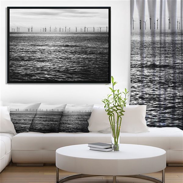 Designart 14-in x 22-in Wind Turbines Black and White with Black Wood Framed Canvas Wall Panel