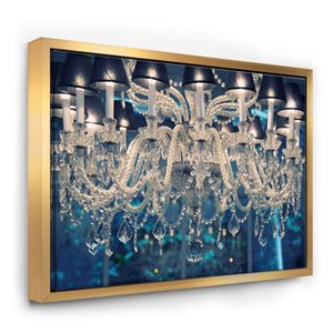 Designart 36-in x 46-in Blue Vintage Crystal Chandelier and Flower Artwork on Gold Framed Canvas Wall Panel