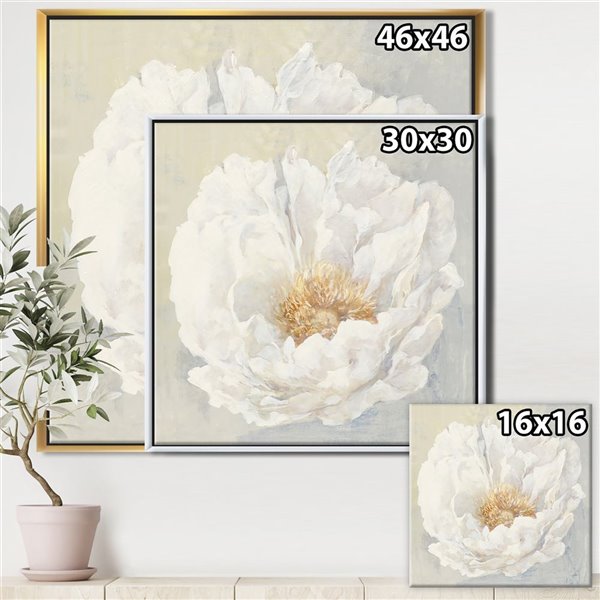 Designart Gold Wood Framed 46-in x 46-in White Serene Peony Canvas Wall Panel