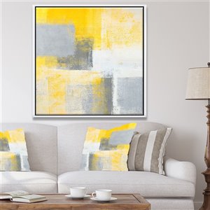 Designart 30-in x 30-in Grey and Yellow Blue Abstract IXX Canvas Wall Panel with Black Wood Frame