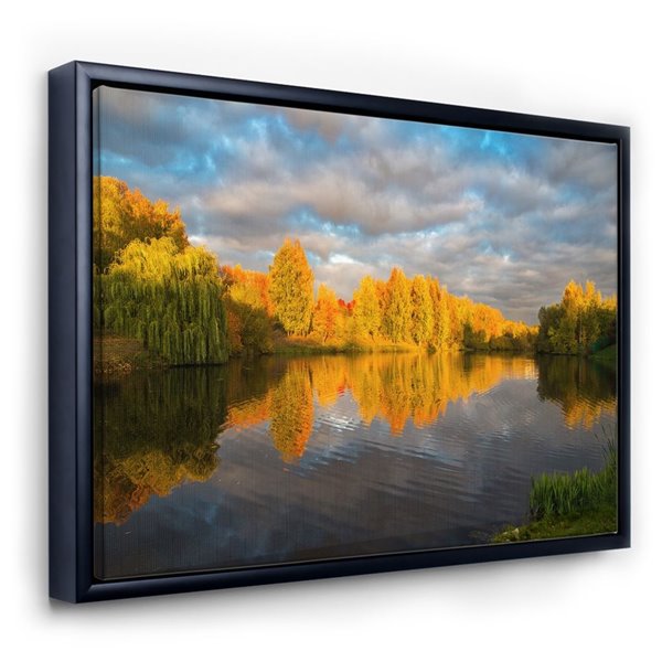 Designart 30-in x 40-in Autumn Sunset Reflection On the Lake in The Park with Black Wood Framed Wall Panel