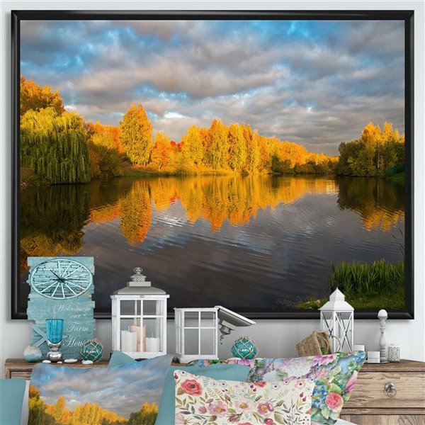 Designart 30-in x 40-in Autumn Sunset Reflection On the Lake in The Park with Black Wood Framed Wall Panel