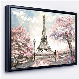 Designart 16-in x 32-in Eiffel with Pink Flowers Landscape Black Framed Canvas Art Print
