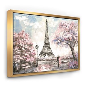 Designart 36-in x 46-in Eiffel with Pink Flowers Landscape Gold Framed Canvas Art Print