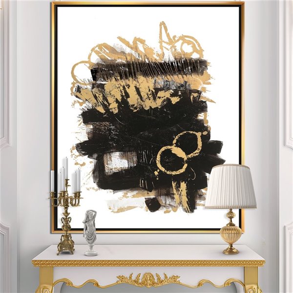 Designart 46-in x 36-in Gold and Black Drift II Glam Canvas Wall Panel with Gold Wood Frame