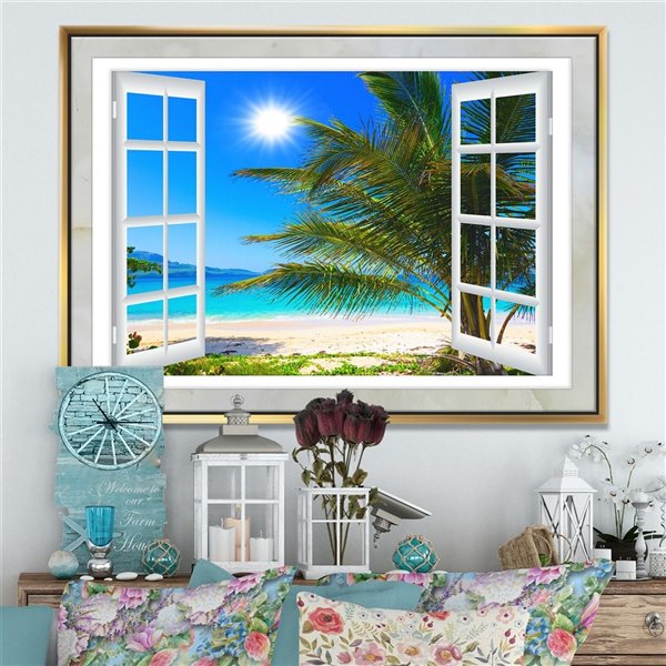 Designart 36-in x 46-in Window Open to Beach with Palm Seashore Gold ...