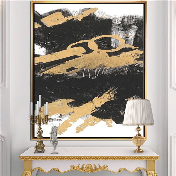 Designart 32-in x 24-in Gold and Black Drift IV Glam Canvas Wall Panel with Gold Wood Frame