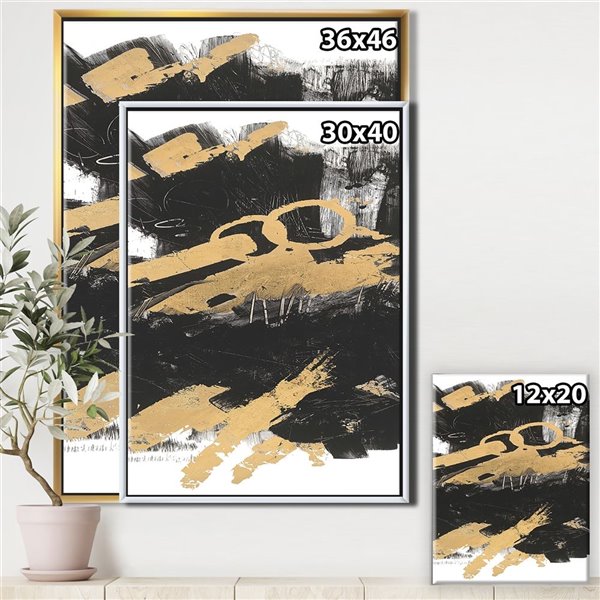 Designart 32-in x 24-in Gold and Black Drift IV Glam Canvas Wall Panel with Gold Wood Frame