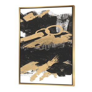 Designart 32-in x 24-in Gold and Black Drift IV Glam Canvas Wall Panel with Gold Wood Frame