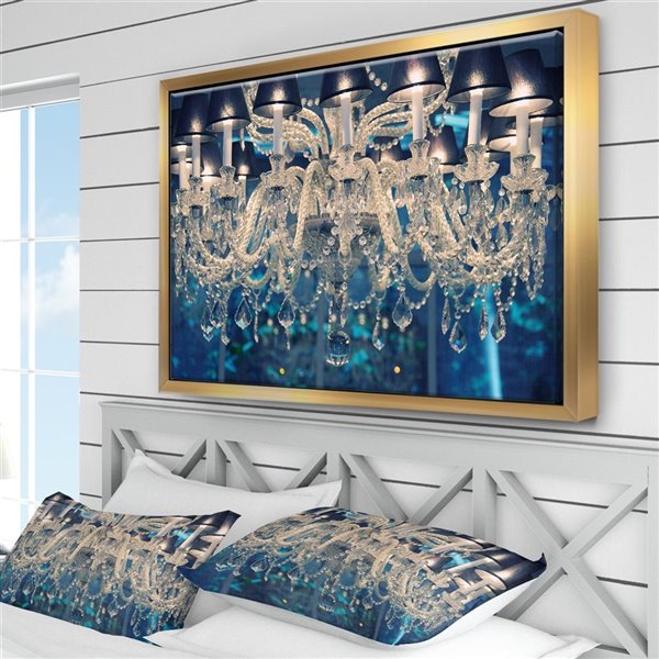 Designart 12-in x 20-in Blue Vintage Crystal Chandelier and Flower Artwork on Gold Framed Canvas Wall Panel