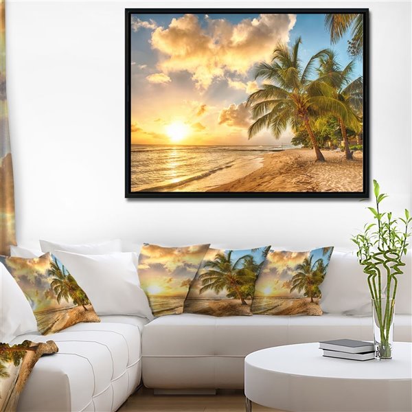 Designart 30-in x 40-in Gorgeous Beach of Island Barbados Seascape Black Framed Canvas Art Print