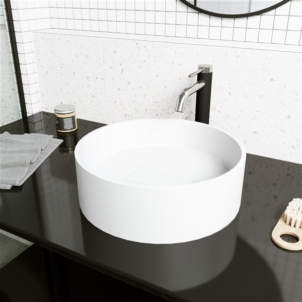 VIGO Bryant&nbsp;15-in dia. White Matte Stone Round Vessel Bathroom Sink with Lexington Faucet/Drain - Brushed Nickel