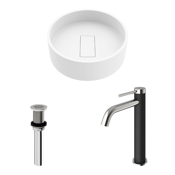 VIGO Bryant&nbsp;15-in dia. White Matte Stone Round Vessel Bathroom Sink with Lexington Faucet/Drain - Brushed Nickel