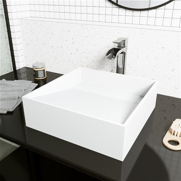 VIGO Starr&nbsp;15-in White Matte Stone Square Vessel Bathroom Sink with Niko Faucet/Drain - Chrome