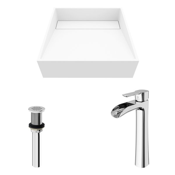 VIGO Starr&nbsp;15-in White Matte Stone Square Vessel Bathroom Sink with Niko Faucet/Drain - Chrome