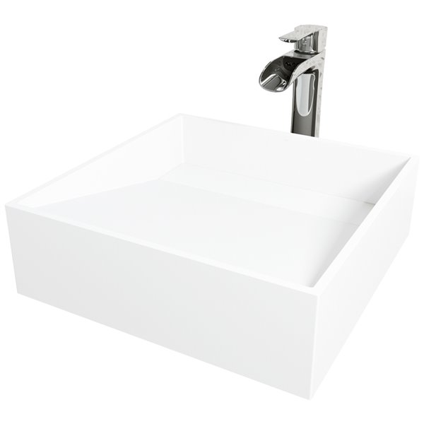 VIGO Starr&nbsp;15-in White Matte Stone Square Vessel Bathroom Sink with Niko Faucet/Drain - Chrome