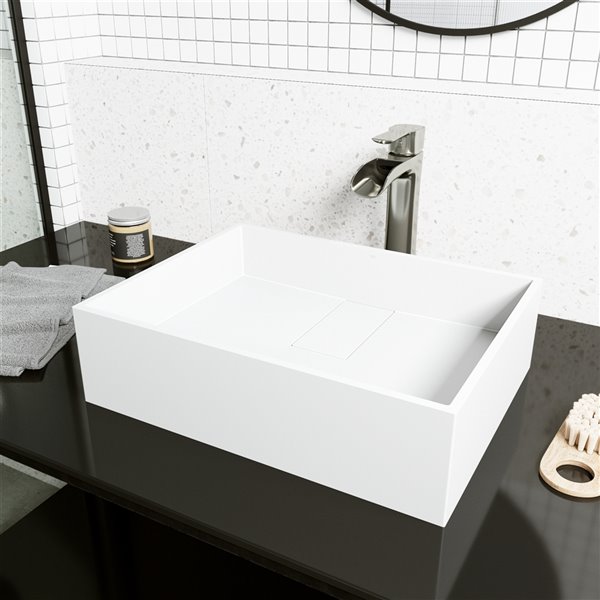 VIGO Bryant&nbsp;13-in W x&nbsp;17-in L White Matte Stone Rectangle Vessel Bathroom Sink w/ Niko Faucet/Drain - Brushed Nickel