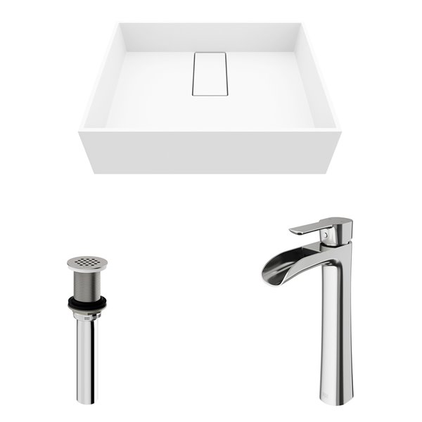 VIGO Bryant&nbsp;13-in W x&nbsp;17-in L White Matte Stone Rectangle Vessel Bathroom Sink w/ Niko Faucet/Drain - Brushed Nickel