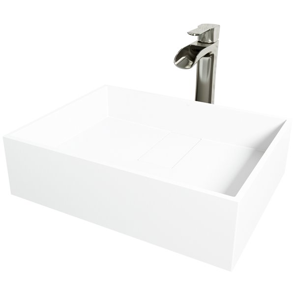 VIGO Bryant&nbsp;13-in W x&nbsp;17-in L White Matte Stone Rectangle Vessel Bathroom Sink w/ Niko Faucet/Drain - Brushed Nickel