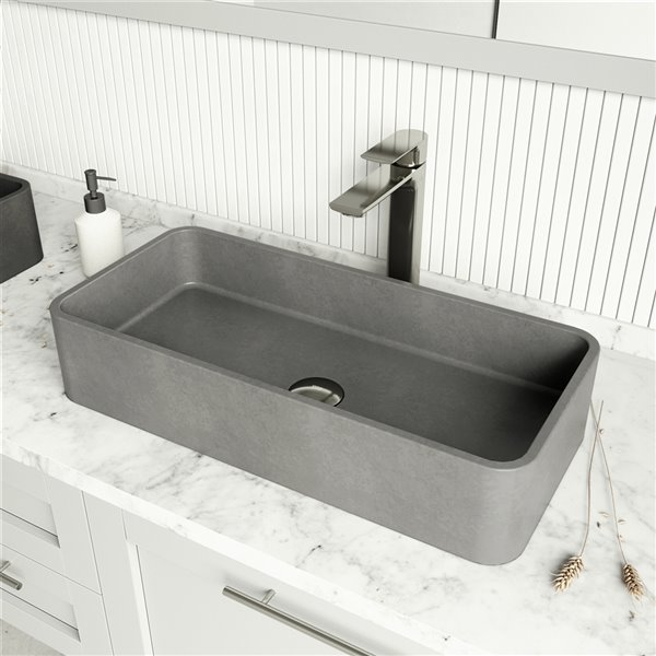 VIGO Brighton&nbsp;11-in W x&nbsp;24-in L Concreto Stone Grey Rectangle Vessel Bathroom Sink with Faucet/Drain - Brushed Nickel