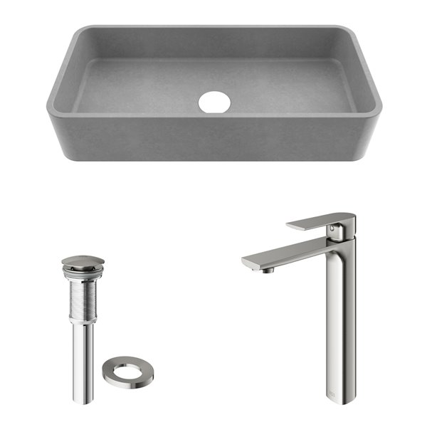 VIGO Brighton&nbsp;11-in W x&nbsp;24-in L Concreto Stone Grey Rectangle Vessel Bathroom Sink with Faucet/Drain - Brushed Nickel
