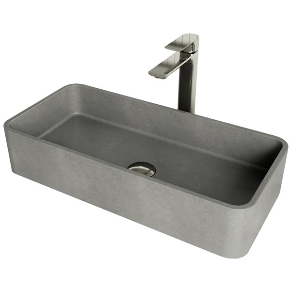 VIGO Brighton&nbsp;11-in W x&nbsp;24-in L Concreto Stone Grey Rectangle Vessel Bathroom Sink with Faucet/Drain - Brushed Nickel
