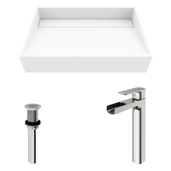 VIGO Starr&nbsp;15-in W x&nbsp;23-in L White Matte Stone Rectangle Bathroom Vessel w/ Amada Faucet/Drain - Brushed Nickel