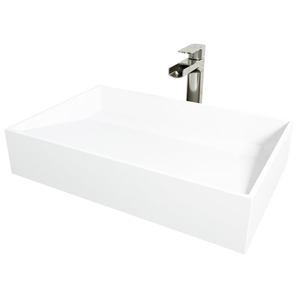 VIGO Starr&nbsp;15-in W x&nbsp;23-in L White Matte Stone Rectangle Bathroom Vessel w/ Amada Faucet/Drain - Brushed Nickel
