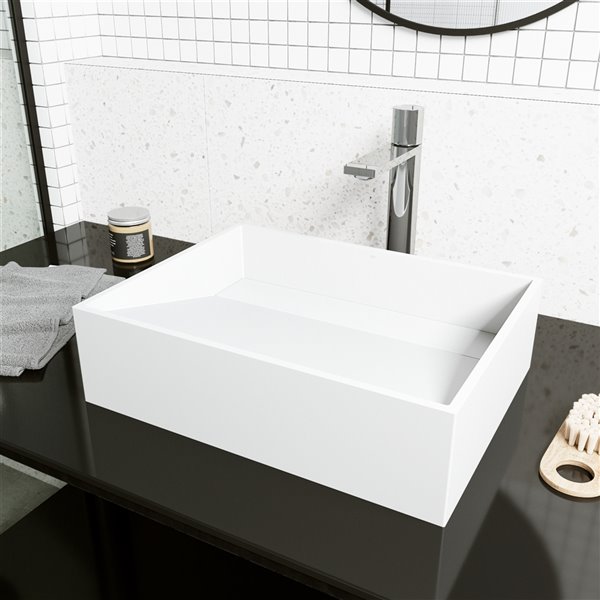 VIGO Starr&nbsp;13-in W x&nbsp;17-in L White Matte Stone Rectangular Bathroom Vessel with Gotham Faucet/Drain - Chrome