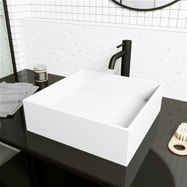VIGO Montauk&nbsp;15-in White Matte Stone Square Vessel Bathroom Sink with Lexington Faucet/Drain - Matte Black