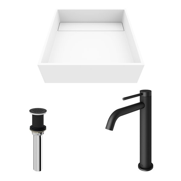 VIGO Montauk&nbsp;15-in White Matte Stone Square Vessel Bathroom Sink with Lexington Faucet/Drain - Matte Black