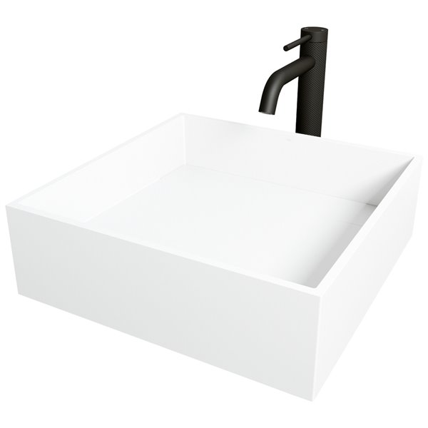 VIGO Montauk&nbsp;15-in White Matte Stone Square Vessel Bathroom Sink with Lexington Faucet/Drain - Matte Black