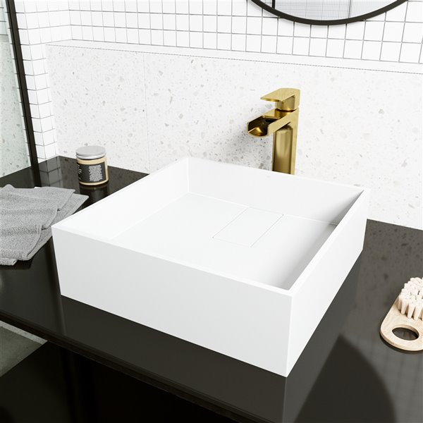 VIGO Bryant&nbsp;15-in White Matte Stone Square Vessel Bathroom Sink with Amada Faucet/Drain - Matte Gold