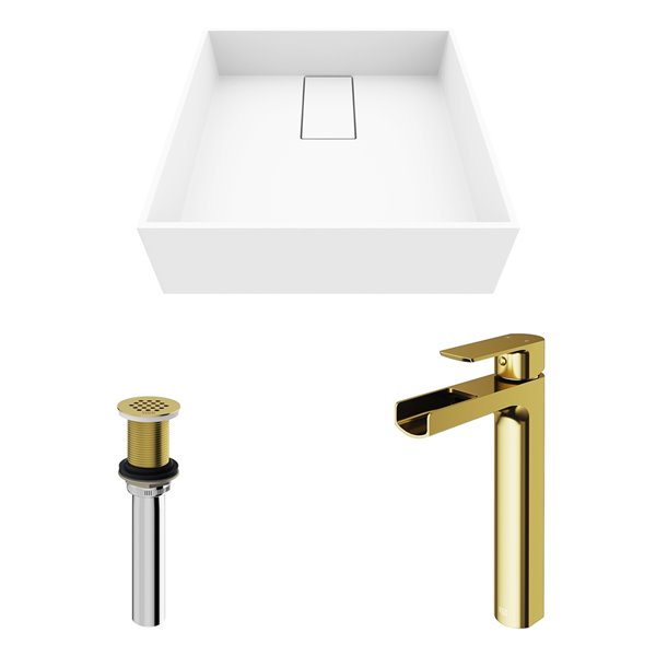 VIGO Bryant&nbsp;15-in White Matte Stone Square Vessel Bathroom Sink with Amada Faucet/Drain - Matte Gold