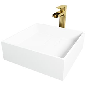 Ensemble de lavabo de salle de bain carré en pierre et robinet en doré brossé mat Bryant de VIGO (15,13 po x 15,13 po)