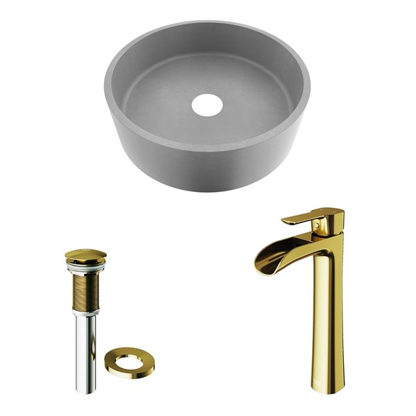 VIGO Brighton&nbsp;15-in dia. Concreto Stone Grey Round Vessel Bathroom Sink with Gotham Faucet/Drain - Matte Gold