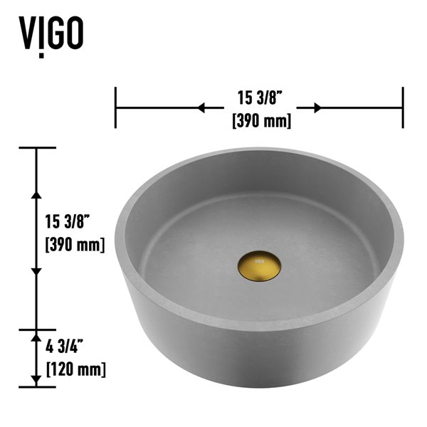 VIGO Brighton&nbsp;15-in dia. Concreto Stone Grey Round Vessel Bathroom Sink with Gotham Faucet/Drain - Matte Gold