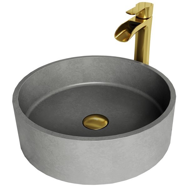 VIGO Brighton&nbsp;15-in dia. Concreto Stone Grey Round Vessel Bathroom Sink with Gotham Faucet/Drain - Matte Gold