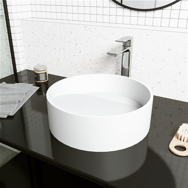 VIGO Starr&nbsp;15-in dia. White Matte Stone Round Vessel Bathroom Sink with Norfolk Faucet/Drain - Chrome
